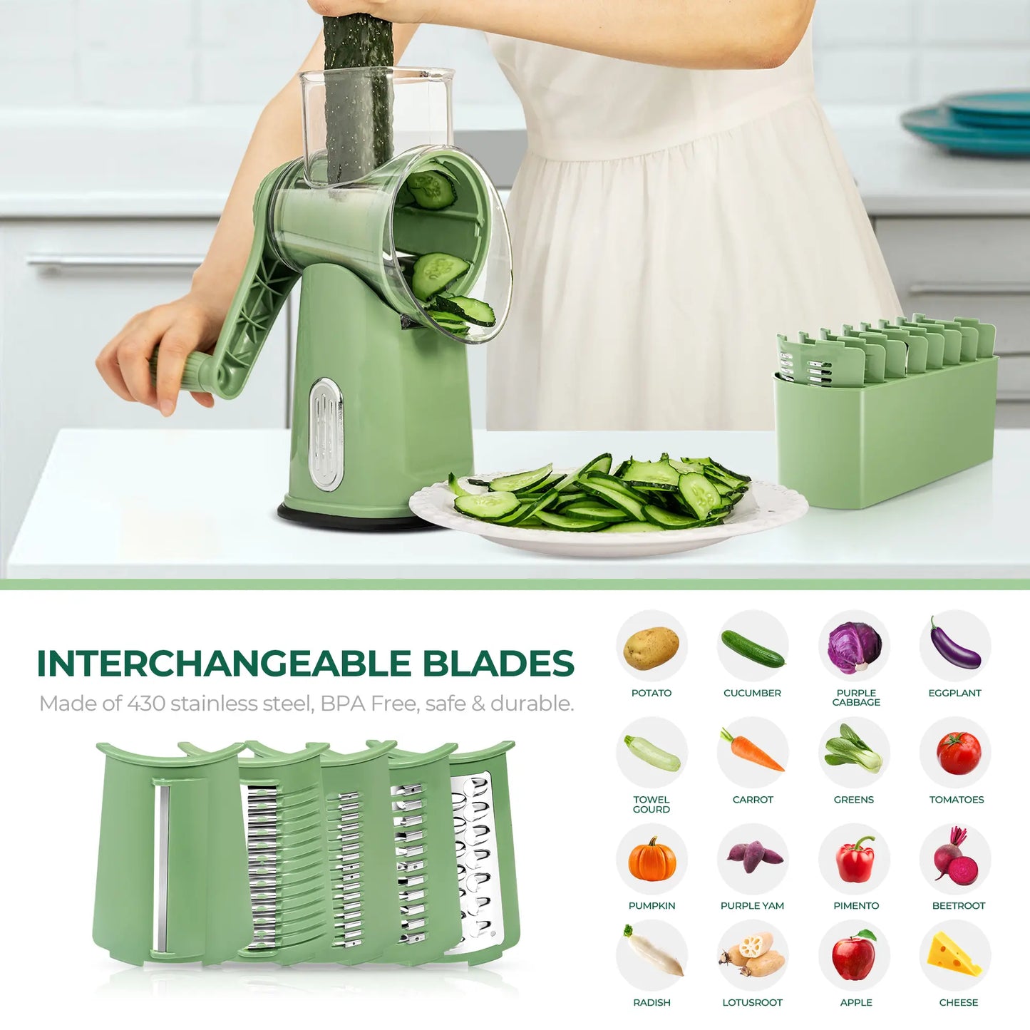 Kitchen utensils: fruit and vegetable slicer, cheese grater