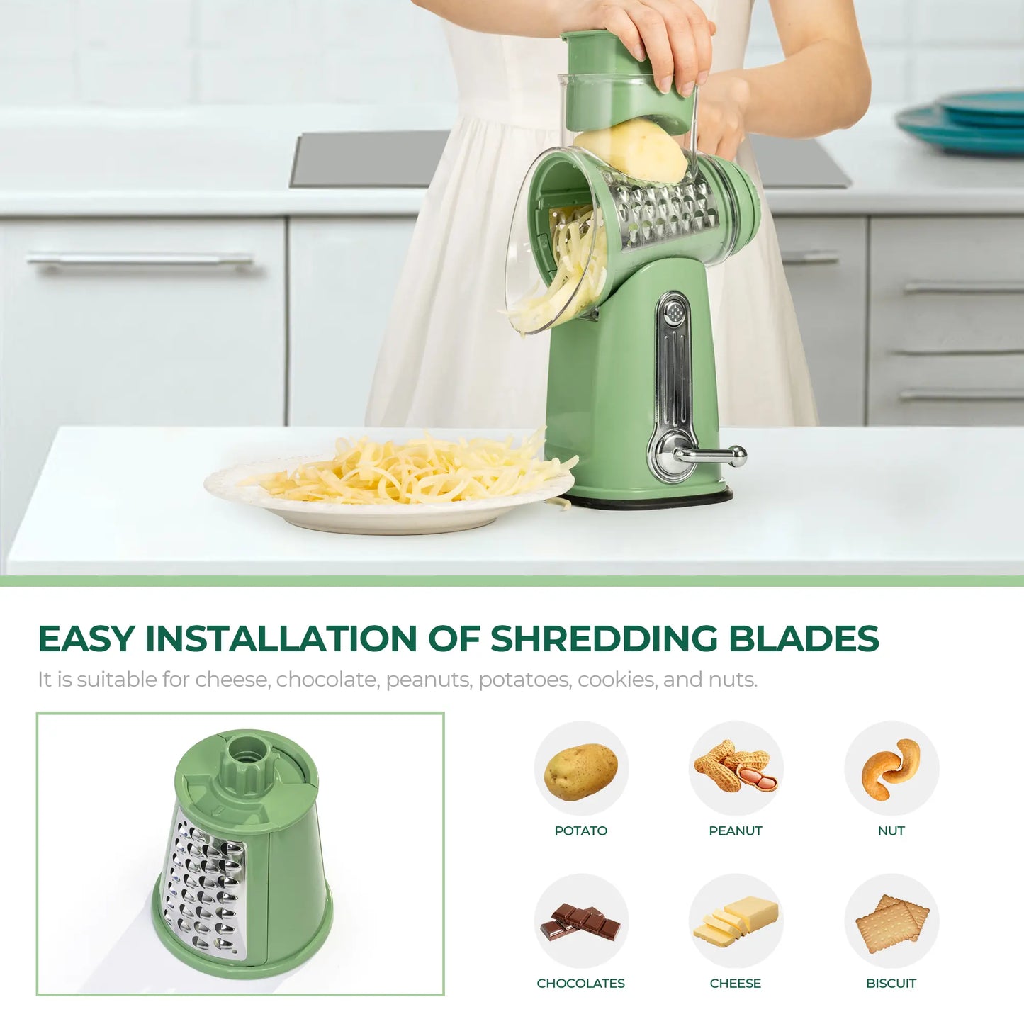 Kitchen utensils: fruit and vegetable slicer, cheese grater