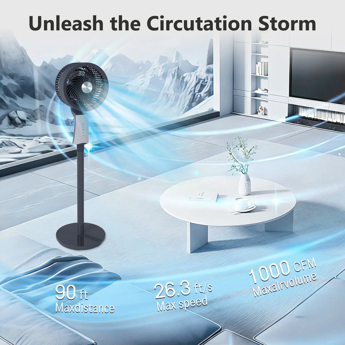 Bedroom floor fan, 90-foot high-speed floor fan, with remote control and oscillation function.
