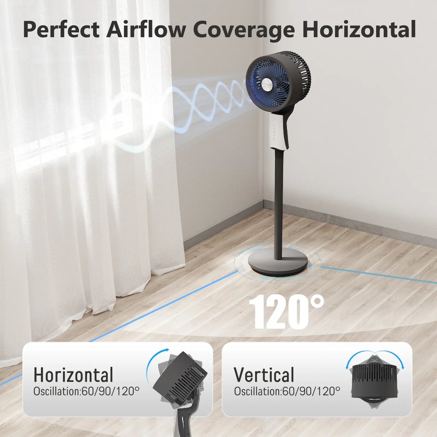 Bedroom floor fan, 90-foot high-speed floor fan, with remote control and oscillation function.