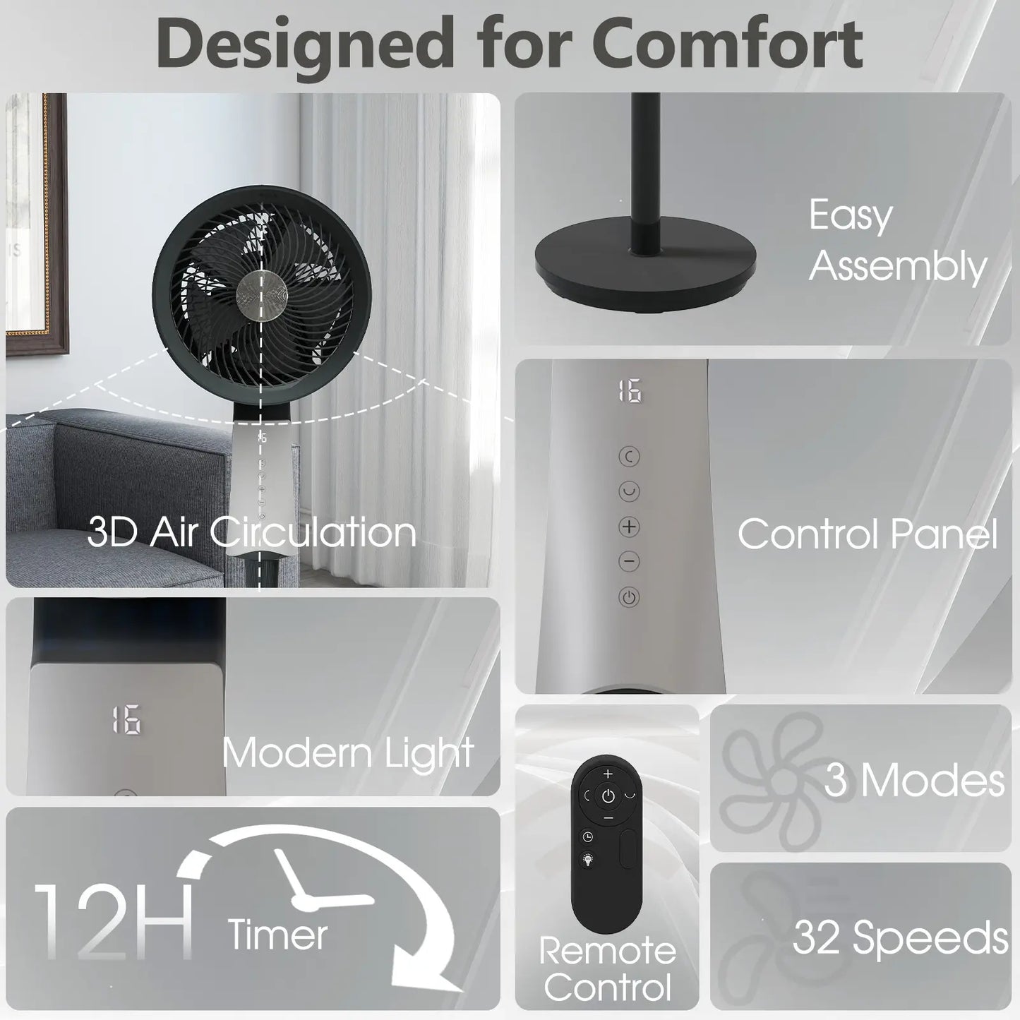 Bedroom floor fan, 90-foot high-speed floor fan, with remote control and oscillation function.